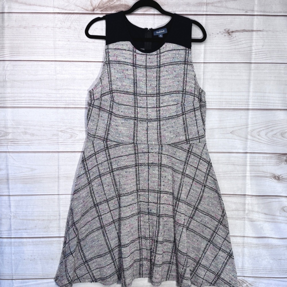 ModCloth Confetti Tweed Plaid Fit Flare Dress Black Grey 1X Sleeveless Knit